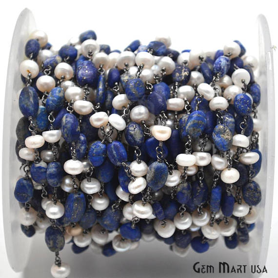 Lapis & Freshwater Pearl Beads Chain, Oxidized Wire Wrapped Rosary Chain (762974437423)