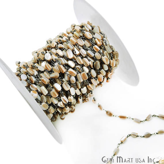Mother Of Freshwater Pearl 6x4mm Oxidized Wire Wrapped Beads Rosary Chain - GemMartUSA (762996588591)