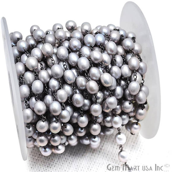 Silver Freshwater Pearl Oxidized Wire Wrapped Gemstone Beads Rosary Chain (763582513199)