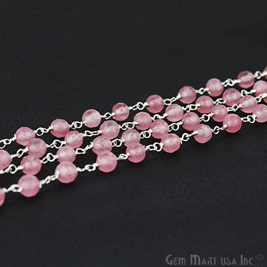 Rose Jade Beads 4mm Silver Plated Wire Wrapped Rosary Chain