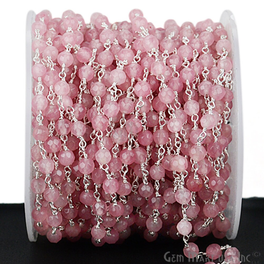 Rose Jade Beads 4mm Silver Plated Wire Wrapped Rosary Chain