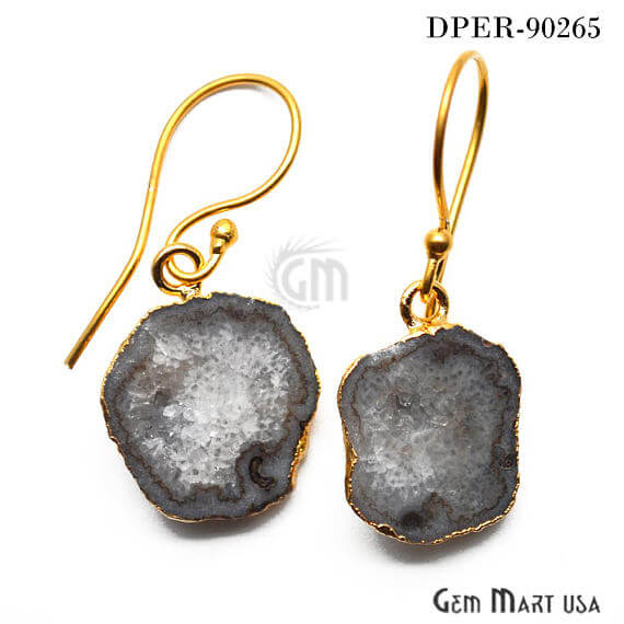 Geode Druzy Gemstone Gold Edge Dangle Hook Earrings