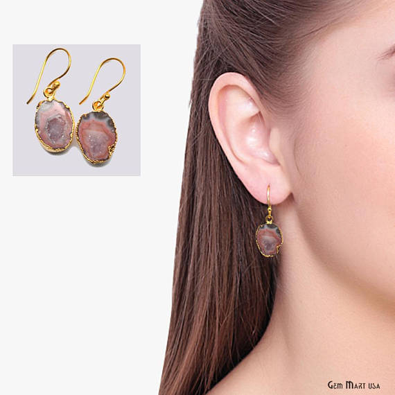 Geode Druzy Gemstone Gold Edge Dangle Hook Earrings