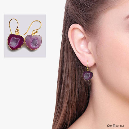 Geode Druzy Gemstone Gold Edge Dangle Hook Earrings