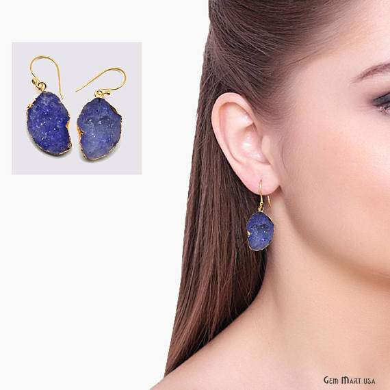 Geode Druzy Gemstone Gold Edge Dangle Hook Earrings