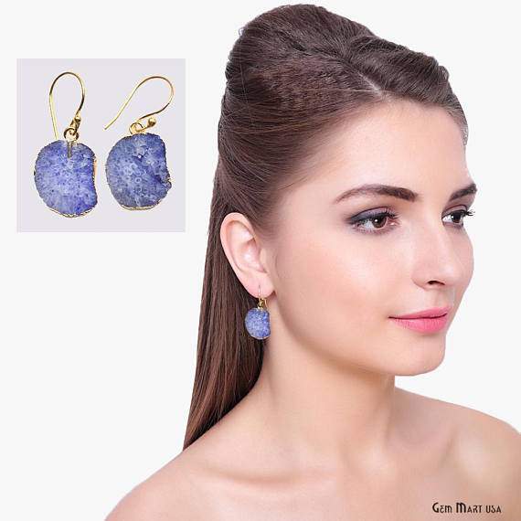 Geode Druzy Gemstone Gold Edge Dangle Hook Earrings