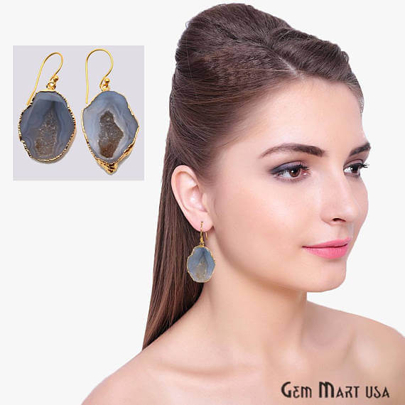 Geode Druzy Gemstone Gold Edge Dangle Hook Earrings