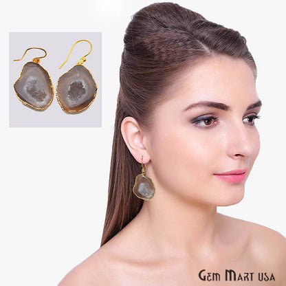 Geode Druzy Gemstone Gold Edge Dangle Hook Earrings