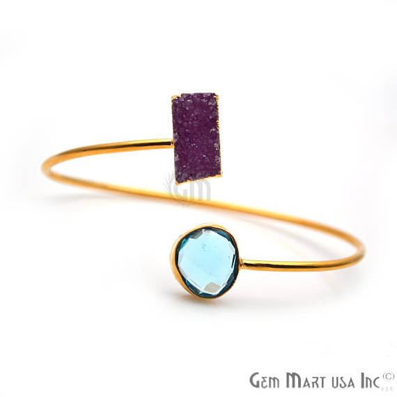 Blue Topaz With Druzy Gold Stacking Bangle Bracelet