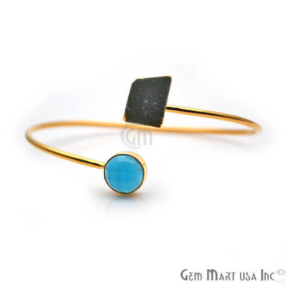 Blue Chalcedony With Druzy Gold Stacking Bangle Bracelet