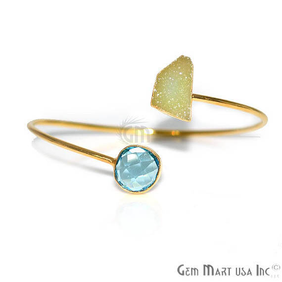 Blue Topaz With Druzy Gold Stacking Bangle Bracelet