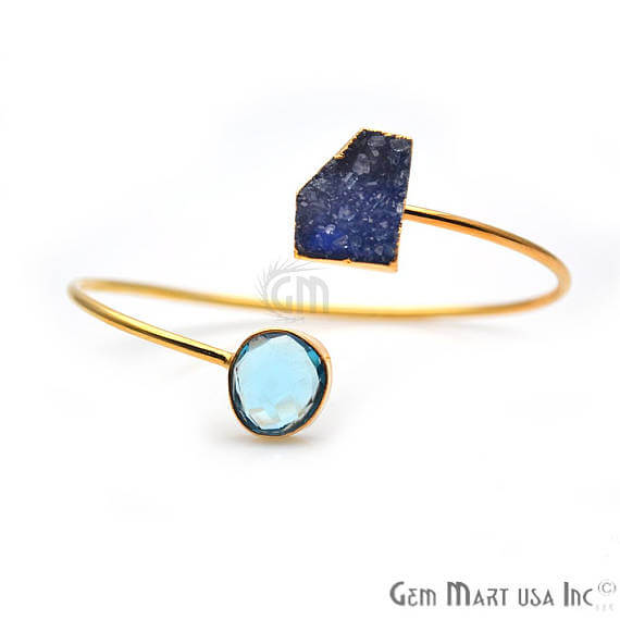 Blue Topaz With Druzy Gold Stacking Bangle Bracelet