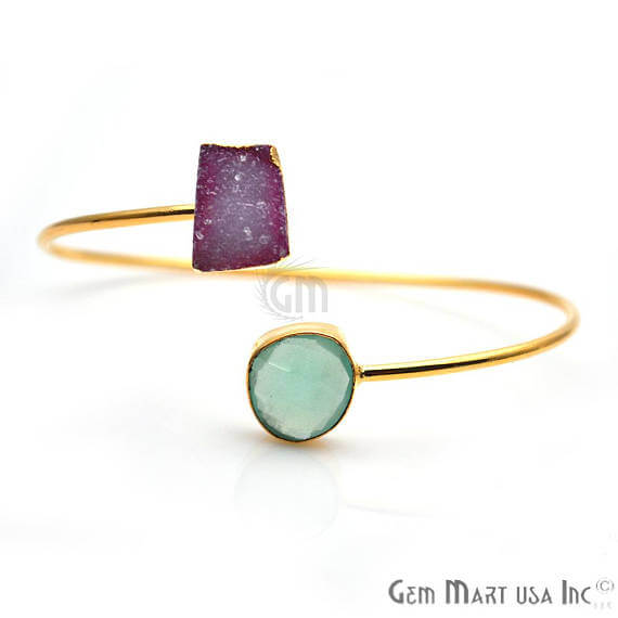 Aqua Chalcedony & Druzy Gold Plated Stacking Bangle Bracelet