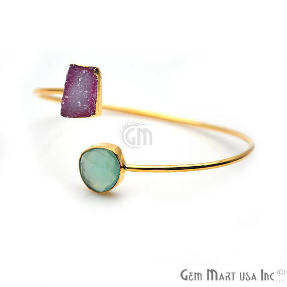 Aqua Chalcedony & Druzy Gold Plated Stacking Bangle Bracelet