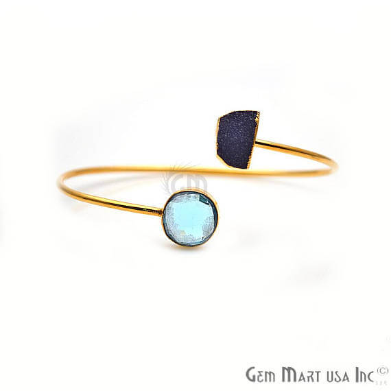 Blue Topaz With Druzy Gold Stacking Bangle Bracelet