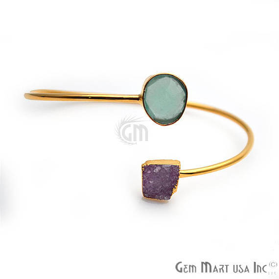 Gemstone With Druzy Gold Edged Adjustable Stacking Bangle Bracelet