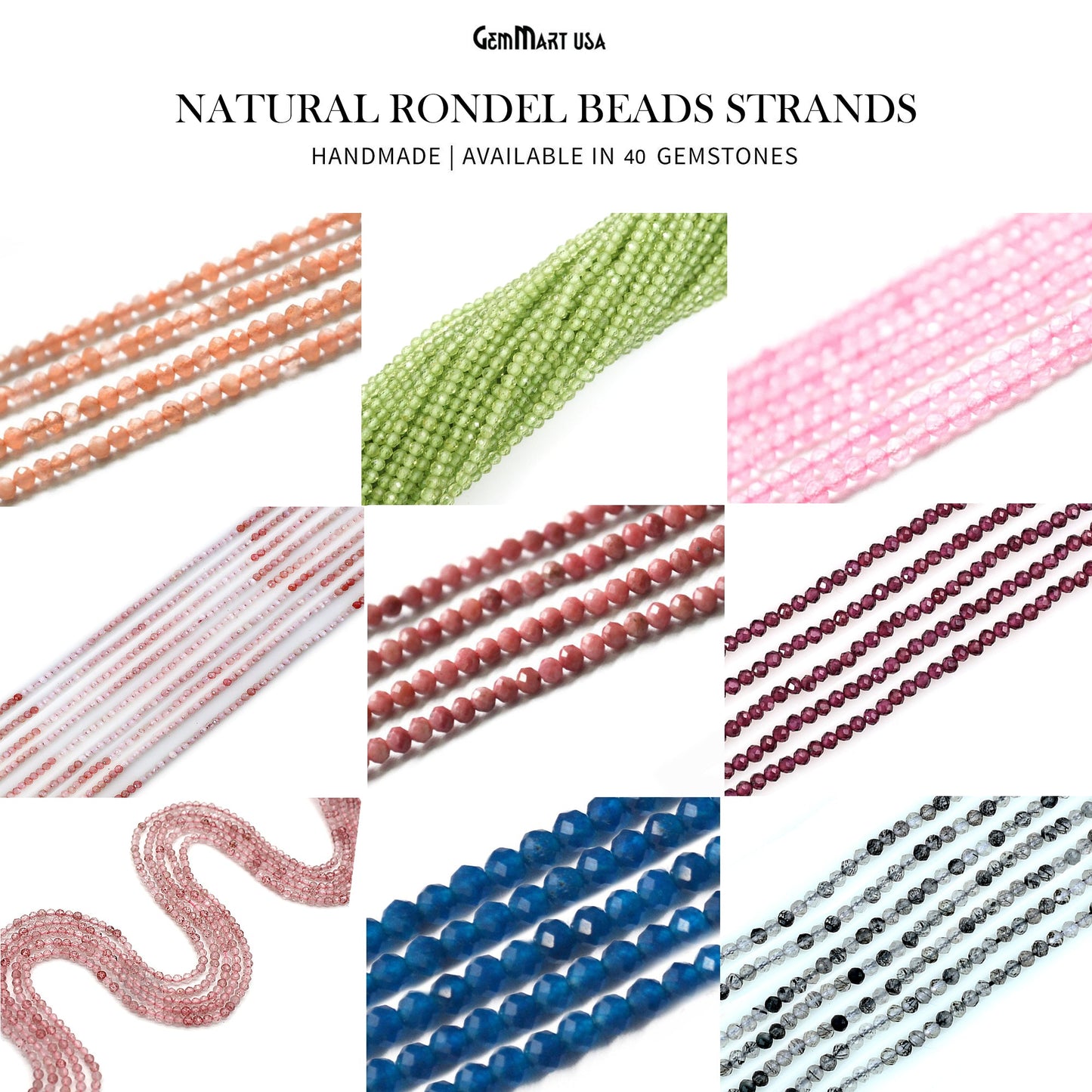 Rondelle Beads, 12-13 Inch Bead Strands, Natural Strung Gemstone, 2-2.5mm, Faceted, GemMartUSA (70000)