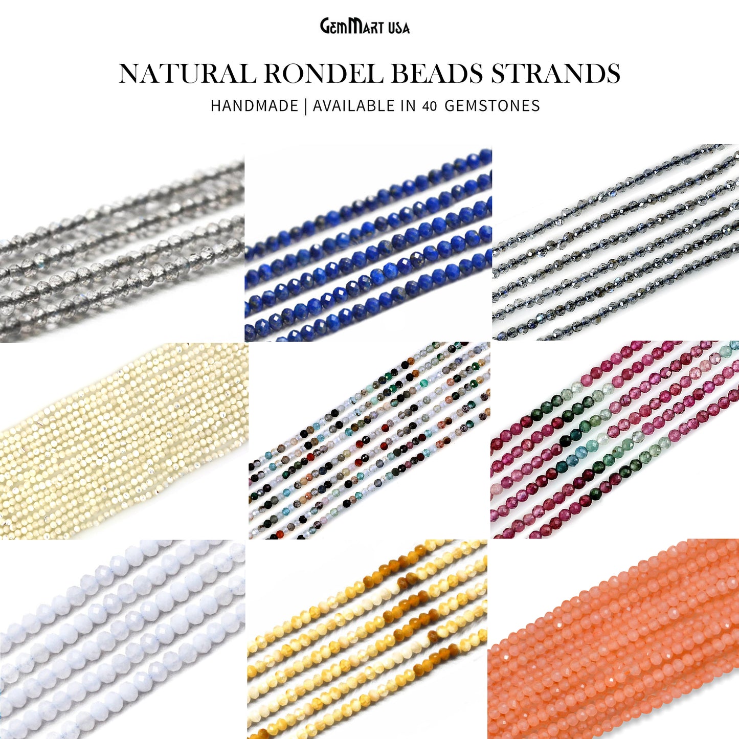 Rondelle Beads, 12-13 Inch Bead Strands, Natural Strung Gemstone, 2-2.5mm, Faceted, GemMartUSA (70000)