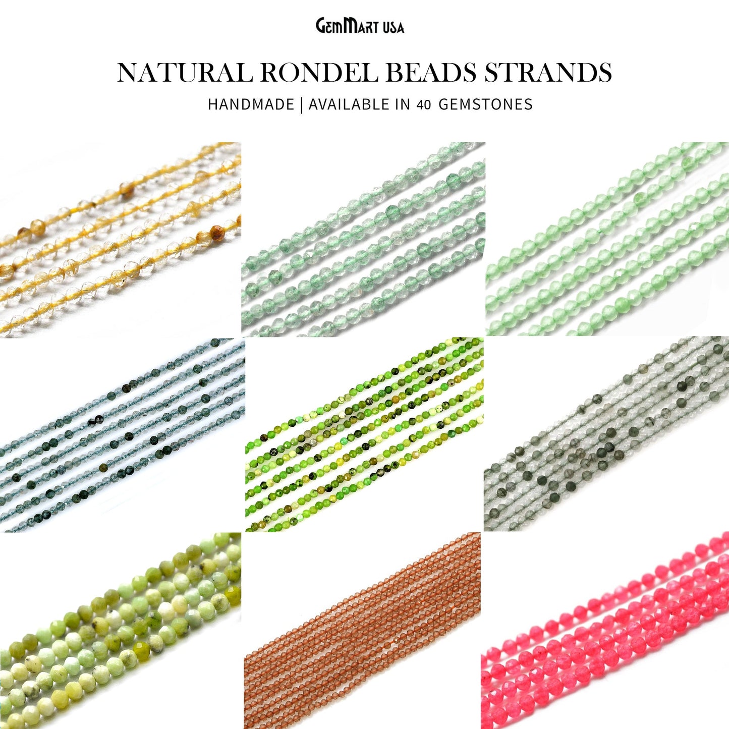 Rondelle Beads, 12-13 Inch Bead Strands, Natural Strung Gemstone, 2-2.5mm, Faceted, GemMartUSA (70000)