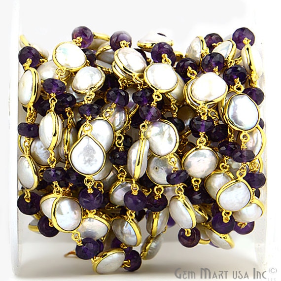 Freshwater Pearl Connector With Amethyst Rondelle 7-8mm Mix Shapes Gold Plated Bezel Connector Chain - GemMartUSA