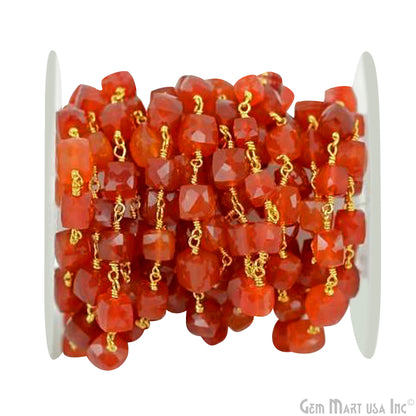 Carnelian Cube 5-6mm Gold Plated Wire Wrapped Beads Rosary Chain