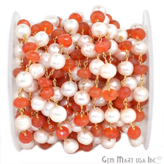 Carnelian With Freshwater Pearl 7-9mm Beads Chain, Gold Plated Wire Wrapped Rosary Chain - GemMartUSA (764032483375)