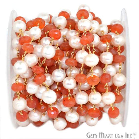 Carnelian With Freshwater Pearl 7-9mm Beads Chain, Gold Plated Wire Wrapped Rosary Chain - GemMartUSA (764032483375)