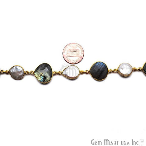Labradorite & Freshwater Pearl 12-16mm Heart Gold Bezel Continuous Connector Chain - GemMartUSA (764288008239)