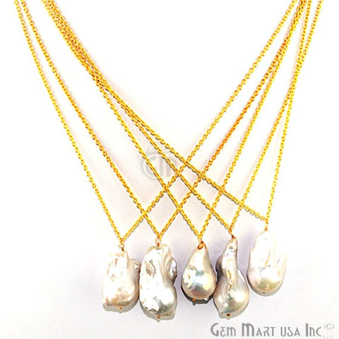 Baroque Freshwater Pearl Drop 29x15mm Gold Plated Necklace Chain Pendant - GemMartUSA