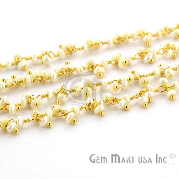 Freshwater Pearl Faceted Beads Gold Plated Wire Wrapped Cluster Dangle Chain - GemMartUSA (764176171055)