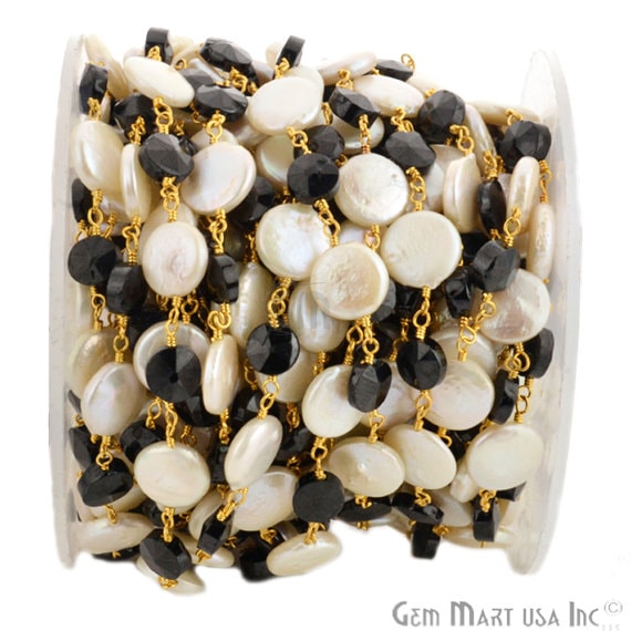 Black Spinel 6-7mm With Freshwater Pearl 9-10mm Gold Plated Wire Wrapped Beads Rosary Chain - GemMartUSA (763923824687)