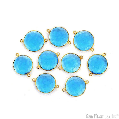 Blue Topaz Bezel Connector Round Shape 24K Gold Plated Double Bail Connector (HB-11526)