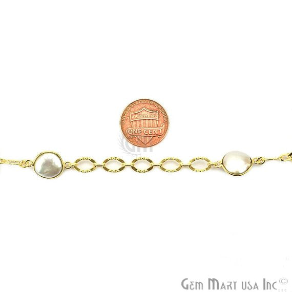 Freshwater Pearl 10mm Round Gold Plated Bezel Connector Chain - GemMartUSA (764193407023)