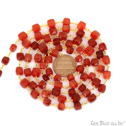 Carnelian Cube 5-6mm Gold Plated Wire Wrapped Beads Rosary Chain