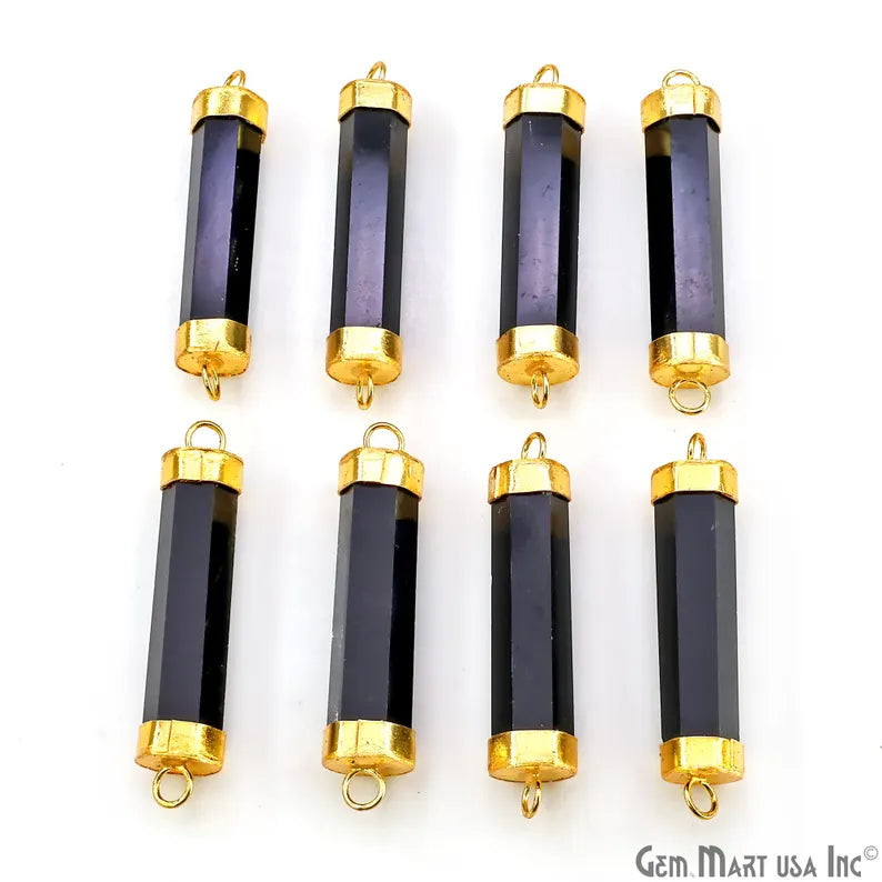 Black Onyx Double 42x10mm Point Gold Electroplated Gemstone Pendant Connector