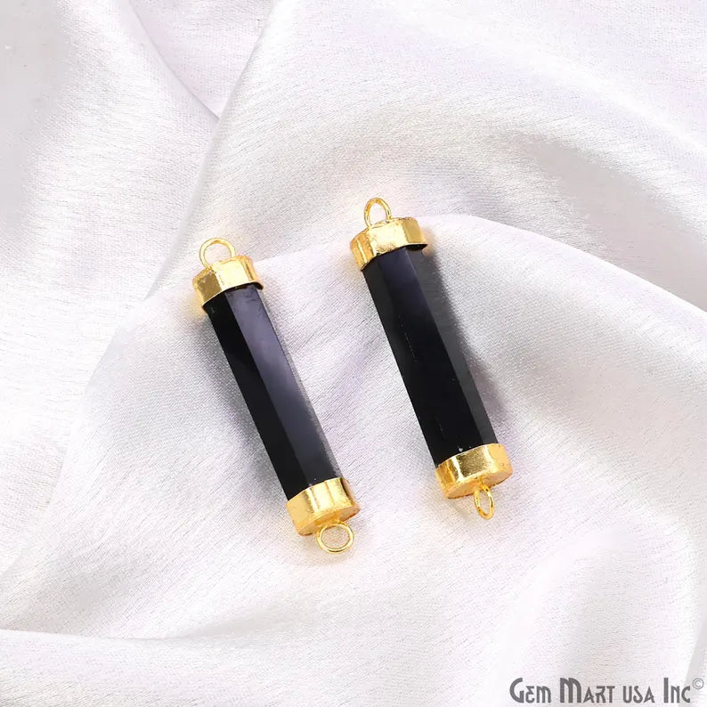 Black Onyx Double 42x10mm Point Gold Electroplated Gemstone Pendant Connector