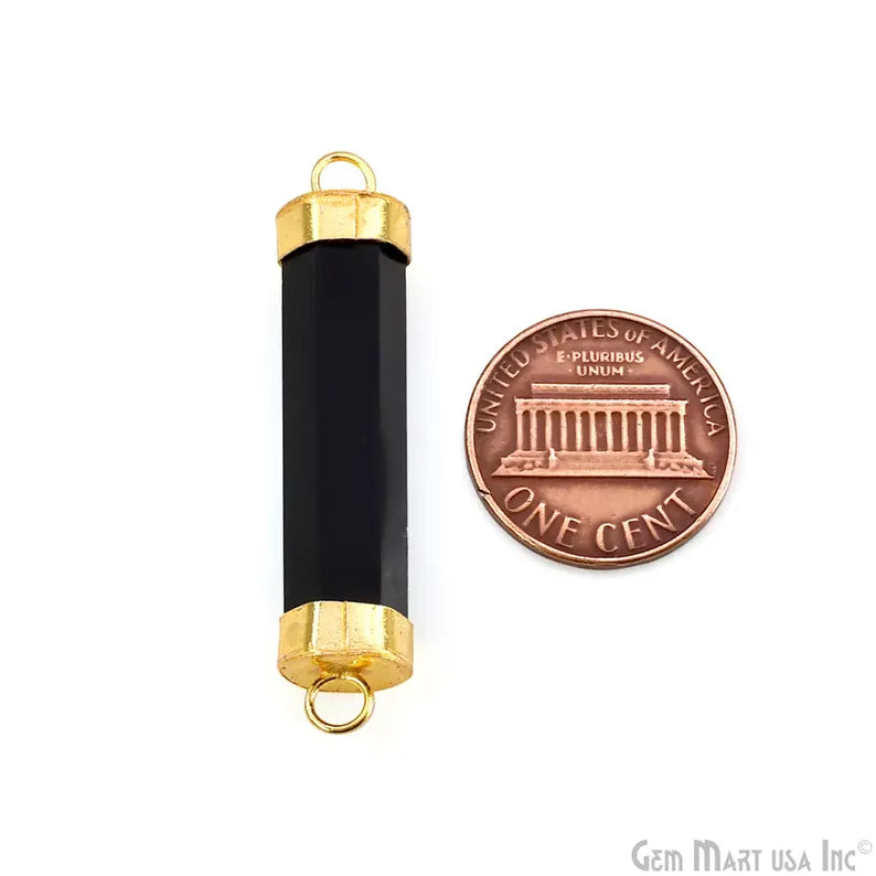Black Onyx Double 42x10mm Point Gold Electroplated Gemstone Pendant Connector