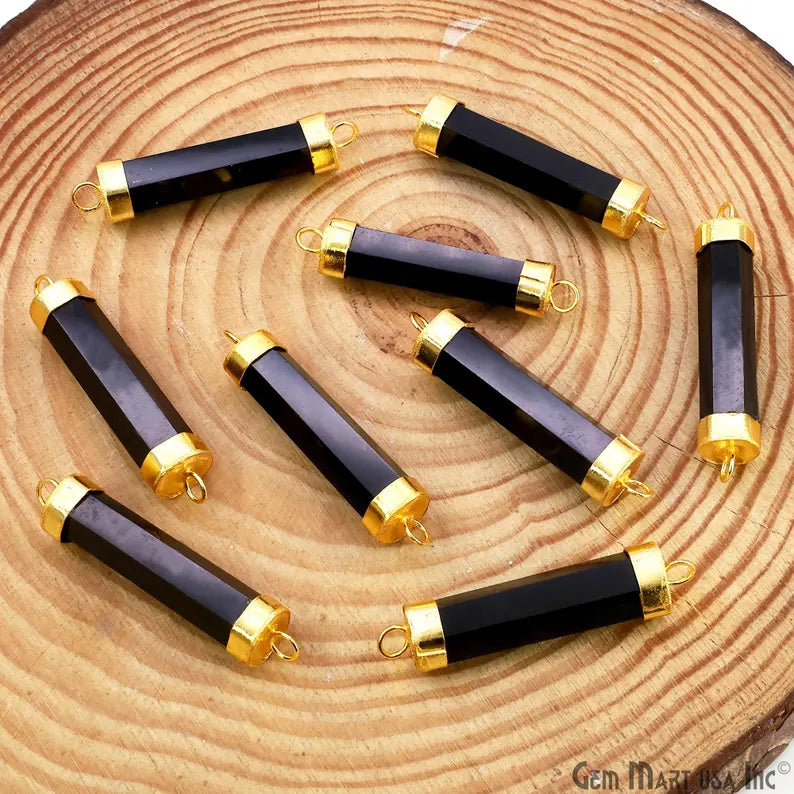 Black Onyx Double 42x10mm Point Gold Electroplated Gemstone Pendant Connector