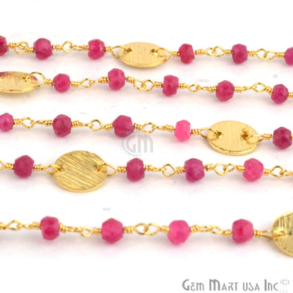 Ruby Beads 3-3.5 mm Gold Plated Disk Wire Wrapped Rosary Chain