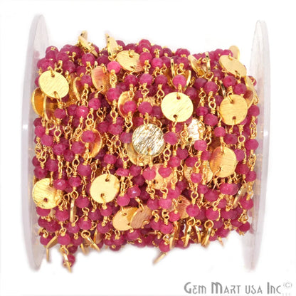 Ruby Beads 3-3.5 mm Gold Plated Disk Wire Wrapped Rosary Chain