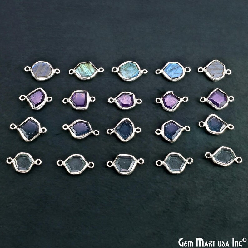 Geometric Flat Gemstone 21x13mm Silver Electroplated Double Bail Connector