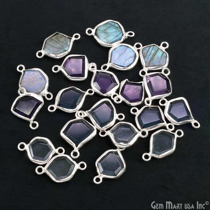 Geometric Flat Gemstone 21x13mm Silver Electroplated Double Bail Connector