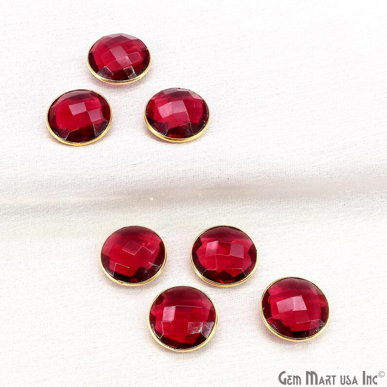 Pink Tourmaline Round Faceted Stones Gold Rim, Red Glass Cabochons Bezel Connector