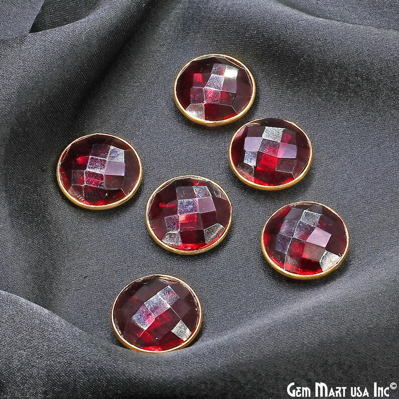 Pink Tourmaline Round Faceted Stones Gold Rim, Red Glass Cabochons Bezel Connector