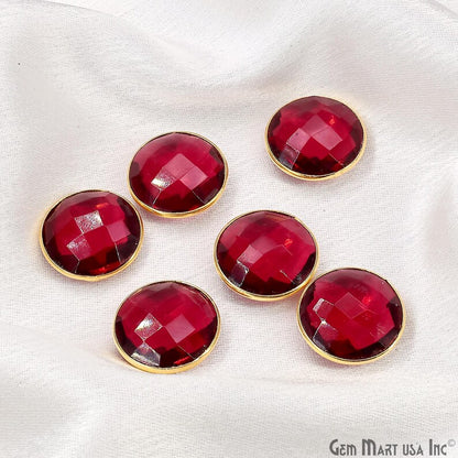 Pink Tourmaline Round Faceted Stones Gold Rim, Red Glass Cabochons Bezel Connector