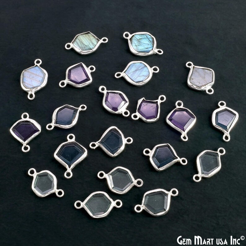 Geometric Flat Gemstone 21x13mm Silver Electroplated Double Bail Connector