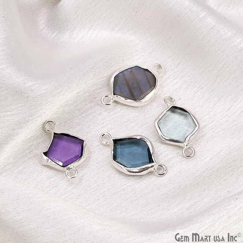 Geometric Flat Gemstone 21x13mm Silver Electroplated Double Bail Connector
