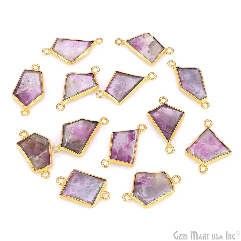 Ruby Ziopsite Geometric Flat Gemstone 23x13mm Gold Plated Double Bail Charm Connector