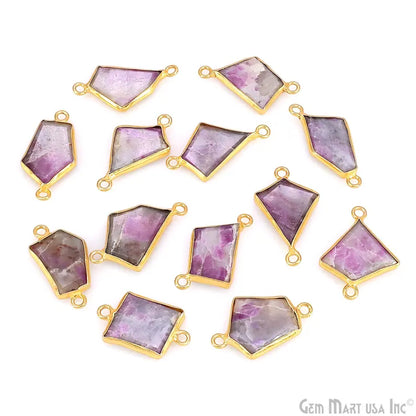 Ruby Ziopsite Geometric Flat Gemstone 23x13mm Gold Plated Double Bail Charm Connector