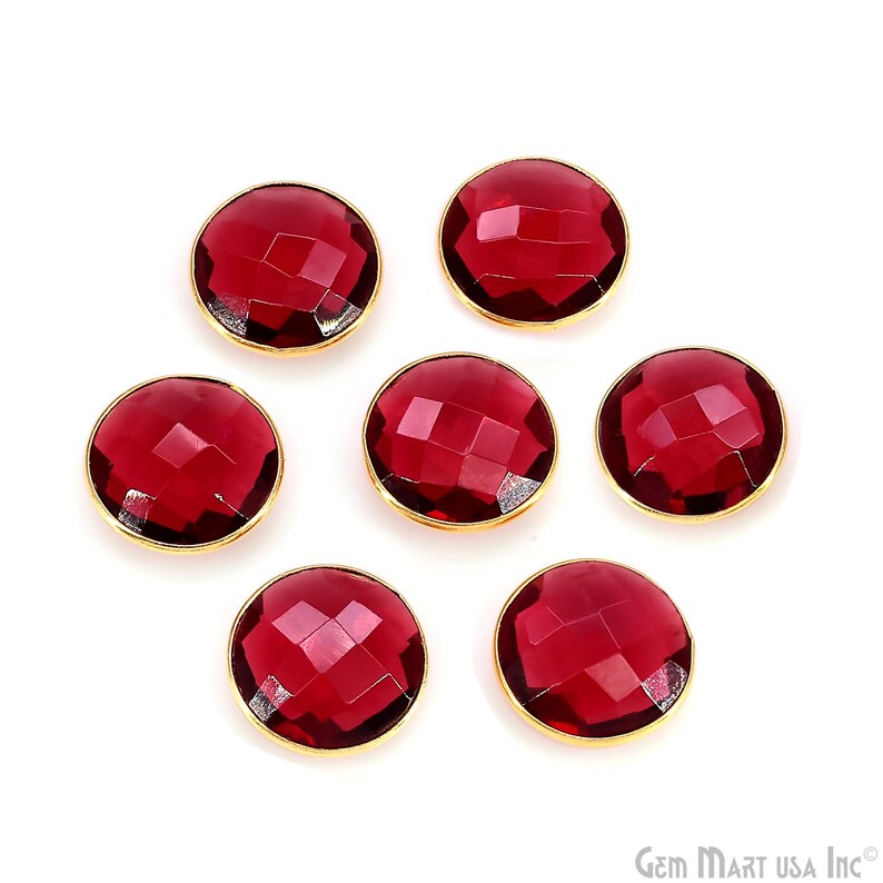 Pink Tourmaline Round Faceted Stones Gold Rim, Red Glass Cabochons Bezel Connector